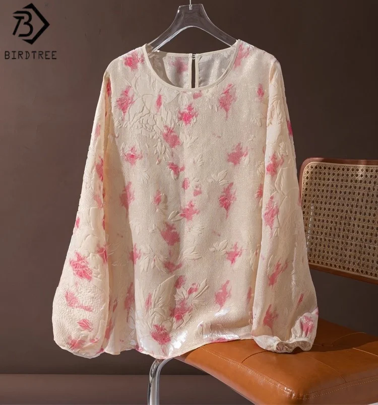 

Birdtree 62.6% Mulberry Silk 14.1% Nylon Pink Shirt,Women Velvet Lantern Sleeve O-neck Translucent Summer Loose Blouse T58724JF