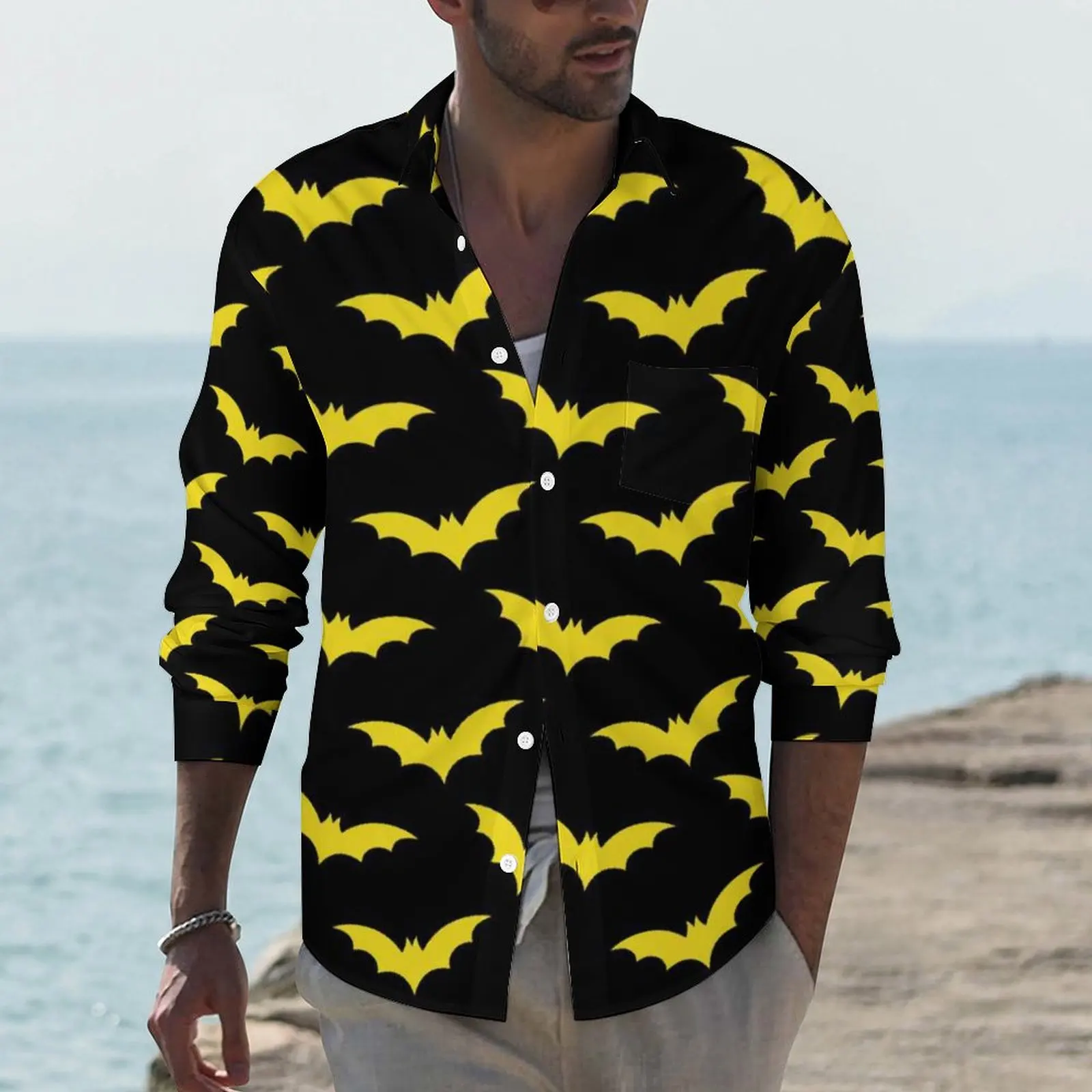 Casual Men's Loose Cartoon Long Sleeve Shirt Fashion 3D Yellow And Black Bat Pattern Printed Tops Street Design Daily Shirt Men