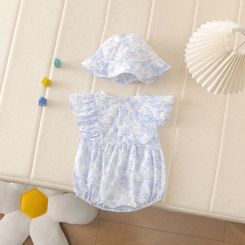 Adorable Baby Girls' Cotton Floral Princess Romper Double Bows and Matching Hat Soft and Cute for 0 - 2 Y Newborn Infant Girls