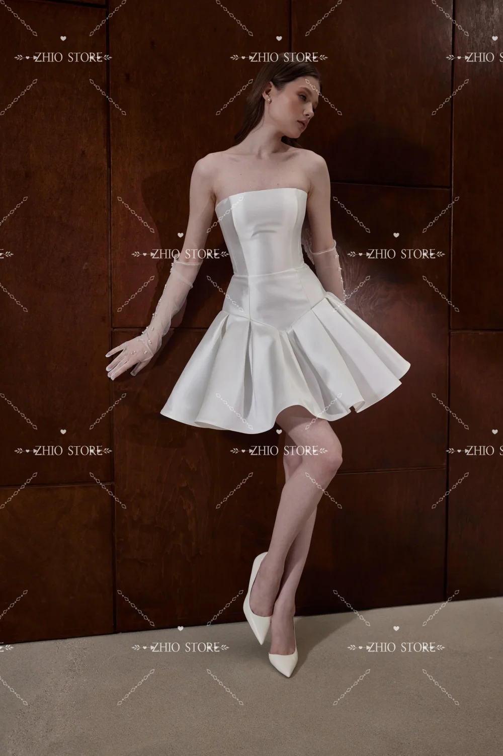 ZHIO Beauty High Quality Satin Mini Strapless Wedding Dress With Pearl Gloves Vestidos Corset Back Short Gown 2026 Customized