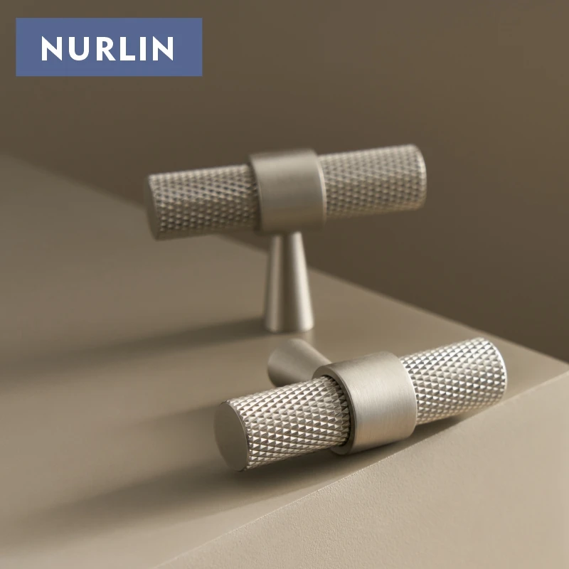 Nurlin Solid Brass Matte Nickel Brushed Silver Knurled Cabinet Knobs Single Hole Handle T-bar Wardrobe Door Drawer Pull