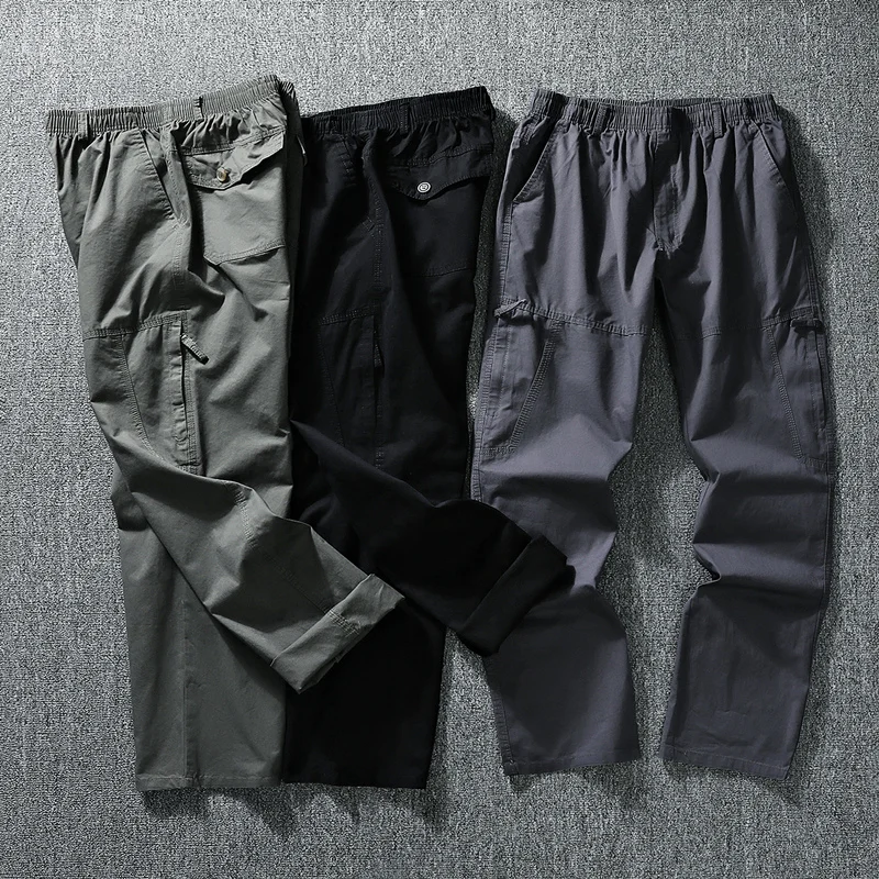 Men Trousers Casual Jogger Pants Elastic Waist Long Pants Zipper Pockets Cotton Overalls High Quality Work Pants