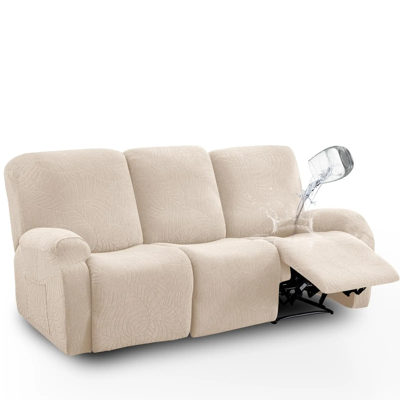 Water Repellent 8 Pieces Recliner Sofa Covers Leaf Jacquard Stretch Soft Reclining Couch Covers for 3 Cushion Reclining