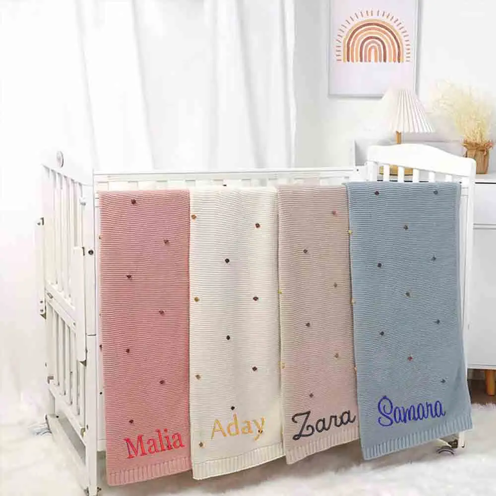 Name Custom Cotton Handmade Hook Ball Baby Blanket, Personalized Embroidery Baby Stroller Cover blanke , Nap Air Condit blanket