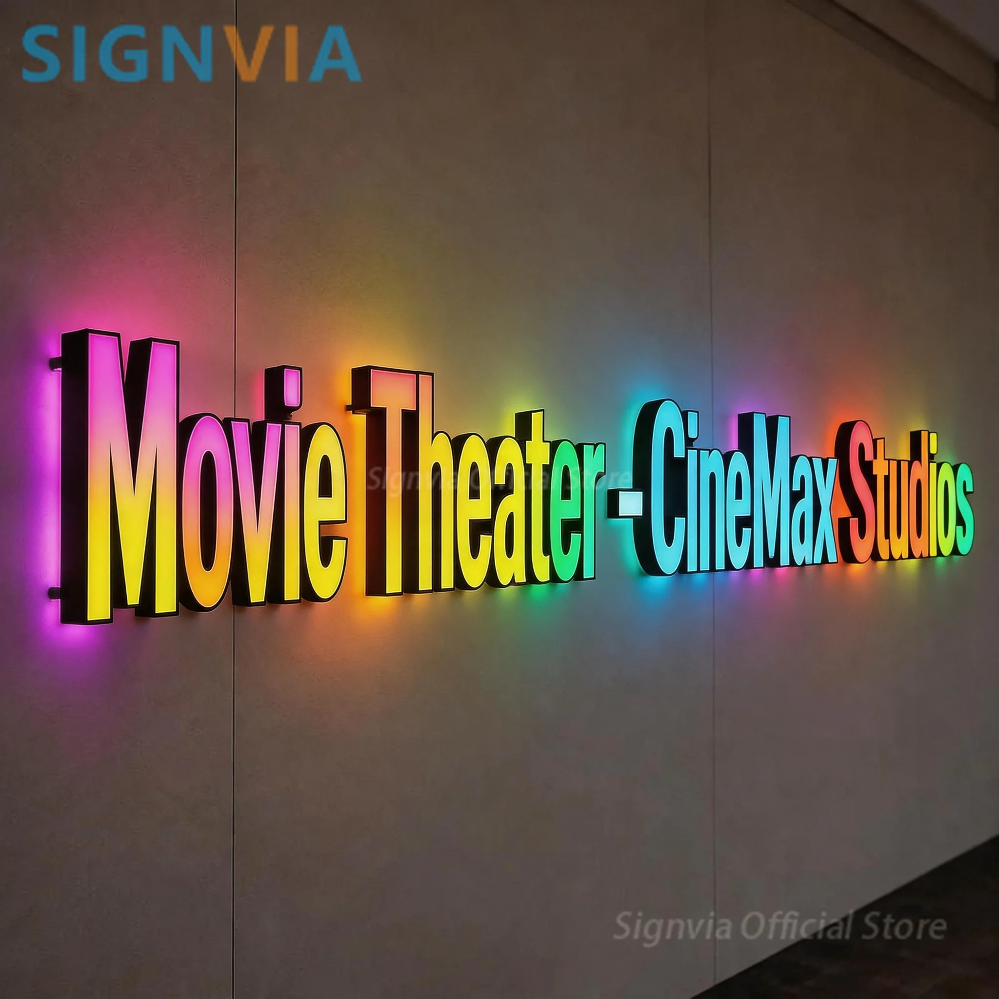 Custom 3D RGB LED Illuminated Metal Signage, Movie Theater Wall Letter Sign, Gradient Color Business Advertising Studio Decor