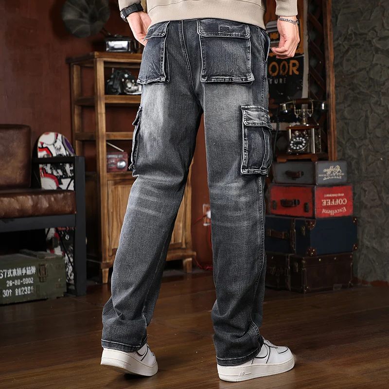 

Новые осенние и зимние модели, уличная широкая спецодежда, мужские джинсы с несколькими карманами, прямые свободные мужские джинсы большого размера высокого качества