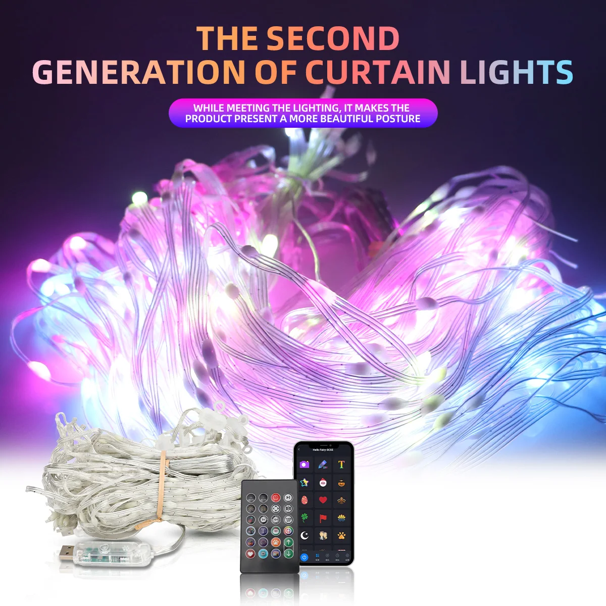 2x2M RGB Smart Curtain Lights String USB Plug Remote Bluetooth App Control DIY Fairy Light for Party Room Motorhome Decorations