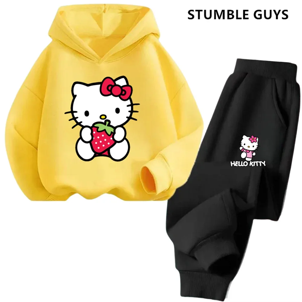 New Hello Kitty Spring Cute Kids Hoodie 2024 Cartoon Girl Student Street Wear Pullover Hoodie Casual Suit for 3-14 Year Olds