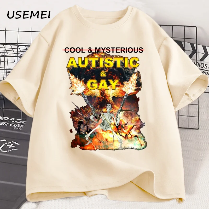 Autistic and Gay Skeleton Explosion T-Shirt Unhinged Graphic T Shirts Cursed Skeleton Autism Meme Tshirt Men Women Tees Clothes