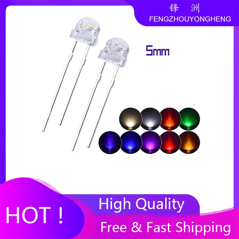 100PCS Red Yellow Green Blue Warm White Transparent Cover High Bright F5 Quality Bead Light Emitting Diode 5MM Straw Hat DIP LED