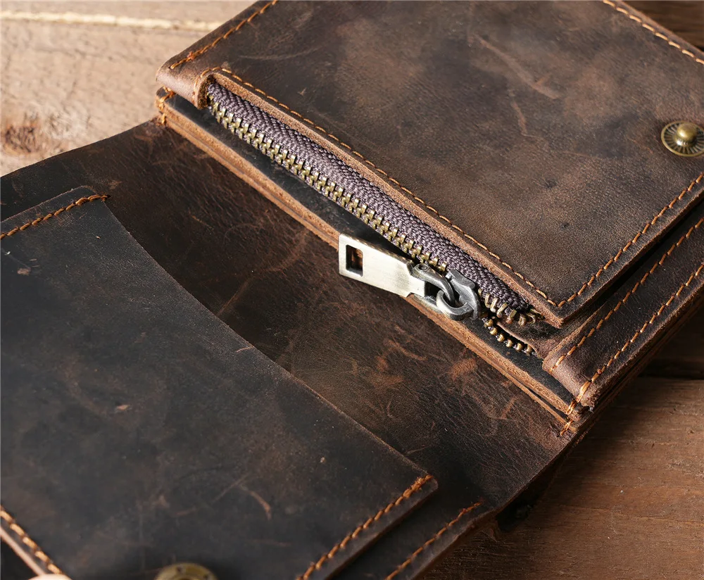 100% Genuine Leather Men Wallets Vintage Cowhide Zipper Coin Purse Multifunction Business Card Holder Small Portable Wallet
