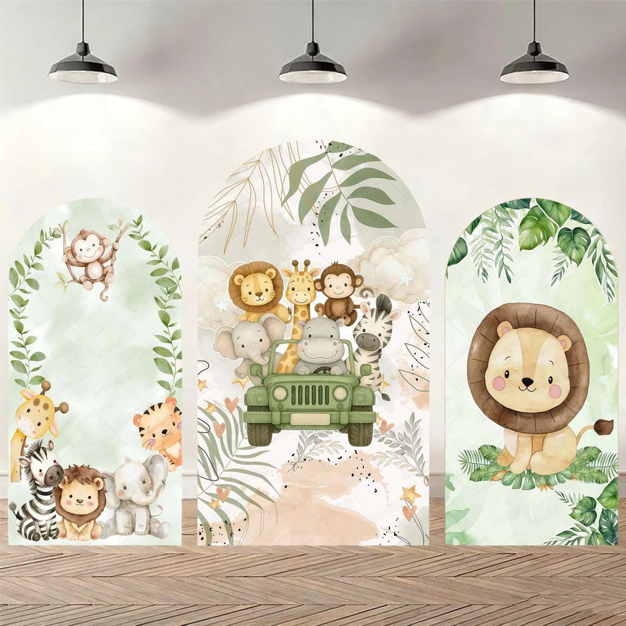 Housse d'arche et toile de fond pour fête d'anniversaire de garçon, baby shower, thème animaux de la jungle 'Wild One', avec motif camion et animaux de dessin animé, pour décoration murale