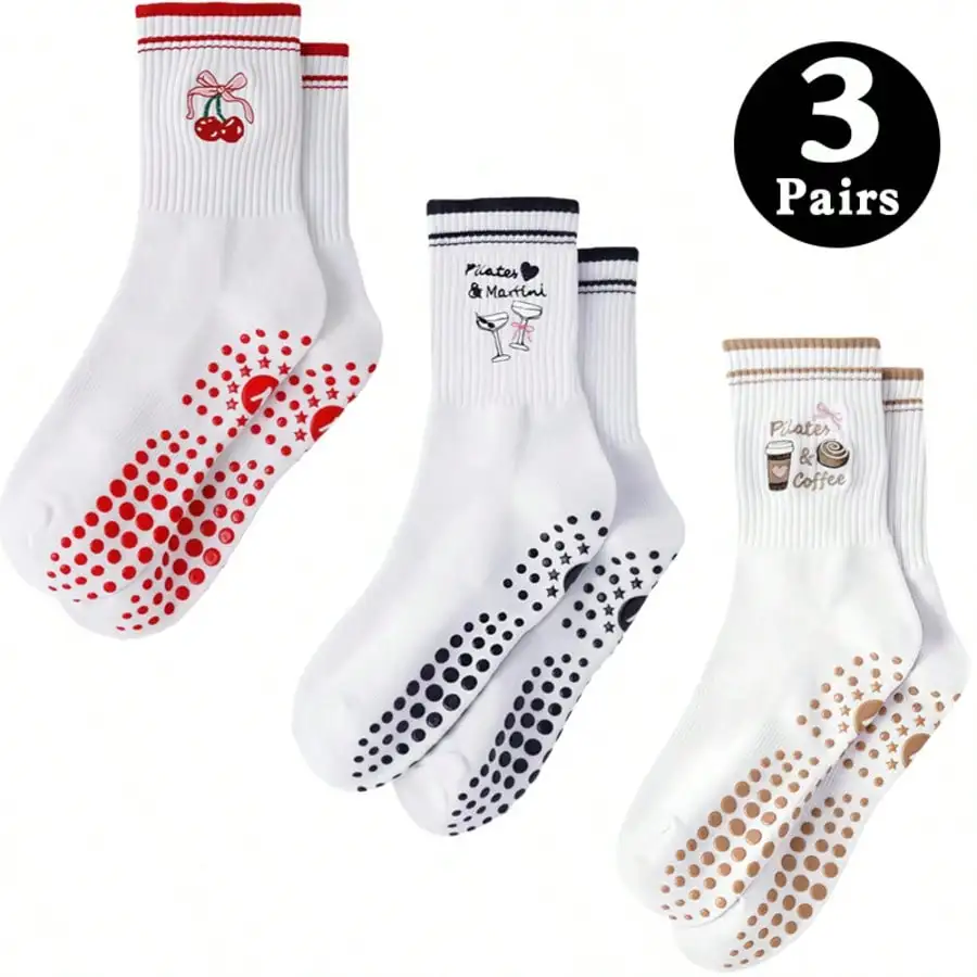 3 Paar Damen-Yoga-Pilates-Socken, rutschfeste Sportsocken, Grip-Socken, minimalistisches Kirschmuster, rutschfeste Bodensocken
