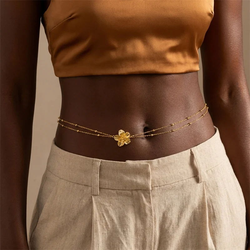 Simple Double Layers Belly Chains for Women Y2K Gold Color Metal Flower Bikini Waist Body Chain Beach Vacation Versatile Jewelry