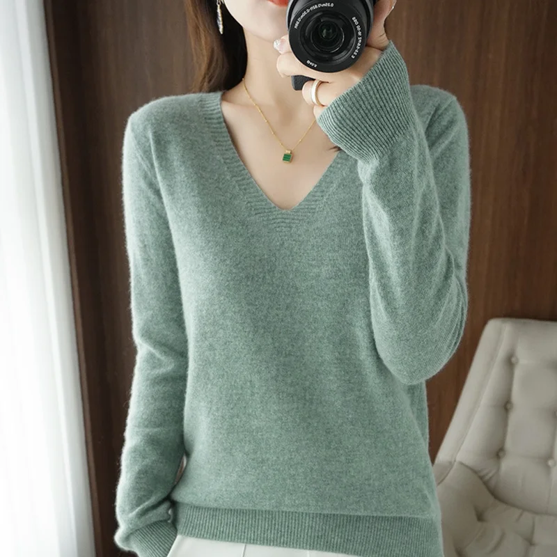Autumn And Winter Cashmere Sweater New Women's V-neck Pullover Lace Neck Hollow Out Design Casual Knitted Long Sleeve Women's