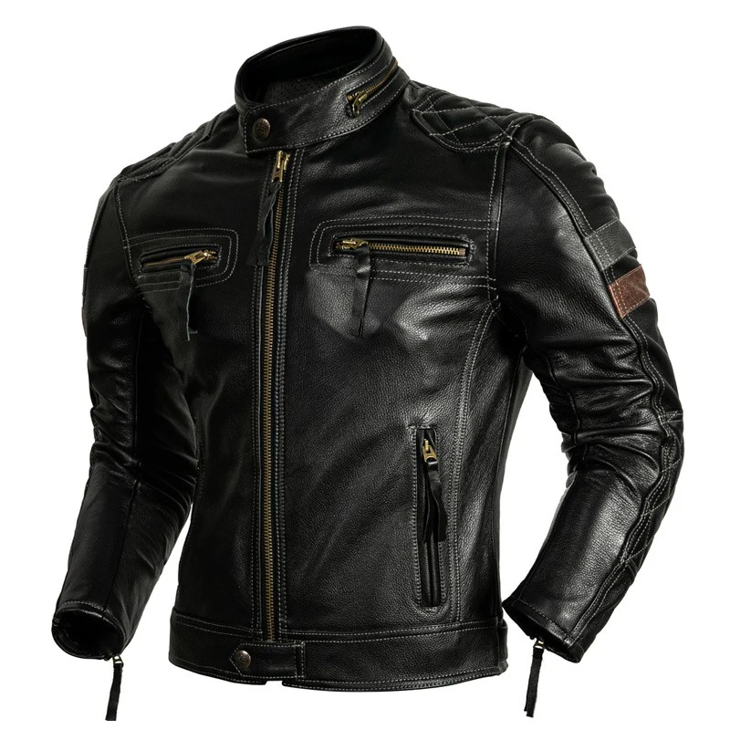 Black Winter Leather Jacket Men Motorcycle Style Plus Size 6XL Genuine Natural Cowhide Stand Collar Add Protection Device Coat