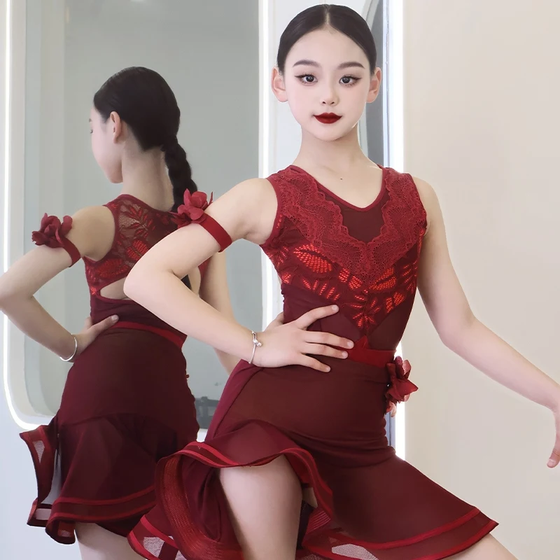 

2025 New Red Performance Costumes Latin Dance Dress Sleeveless Backless Tops Skirts Split Suit Chacha Practice Clothes DQL10683
