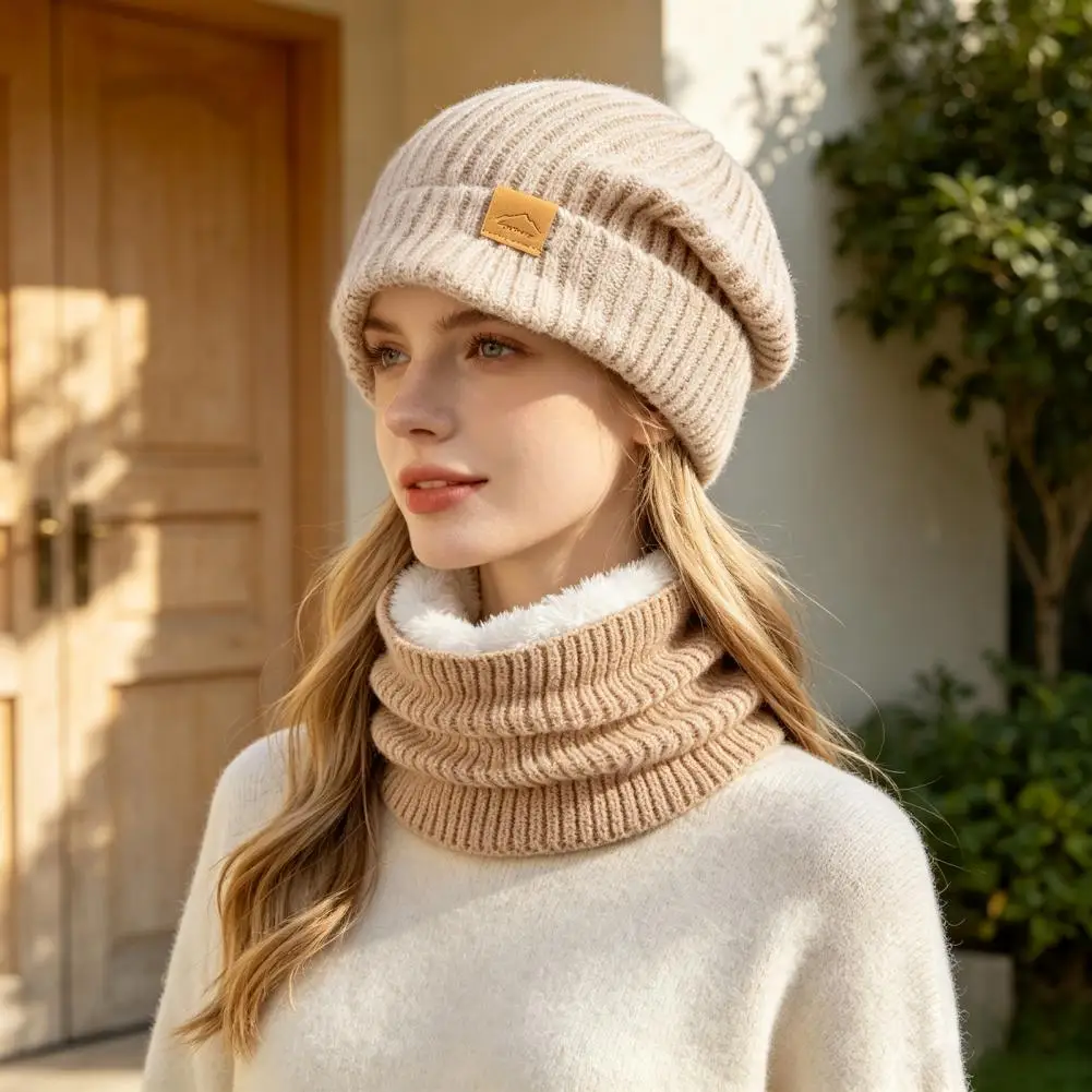 Winter Hat Neck Warmer Set Fleece Lined Knitted Hat Thickened Warm Knit Hat Scarf for Women Autumn Winter