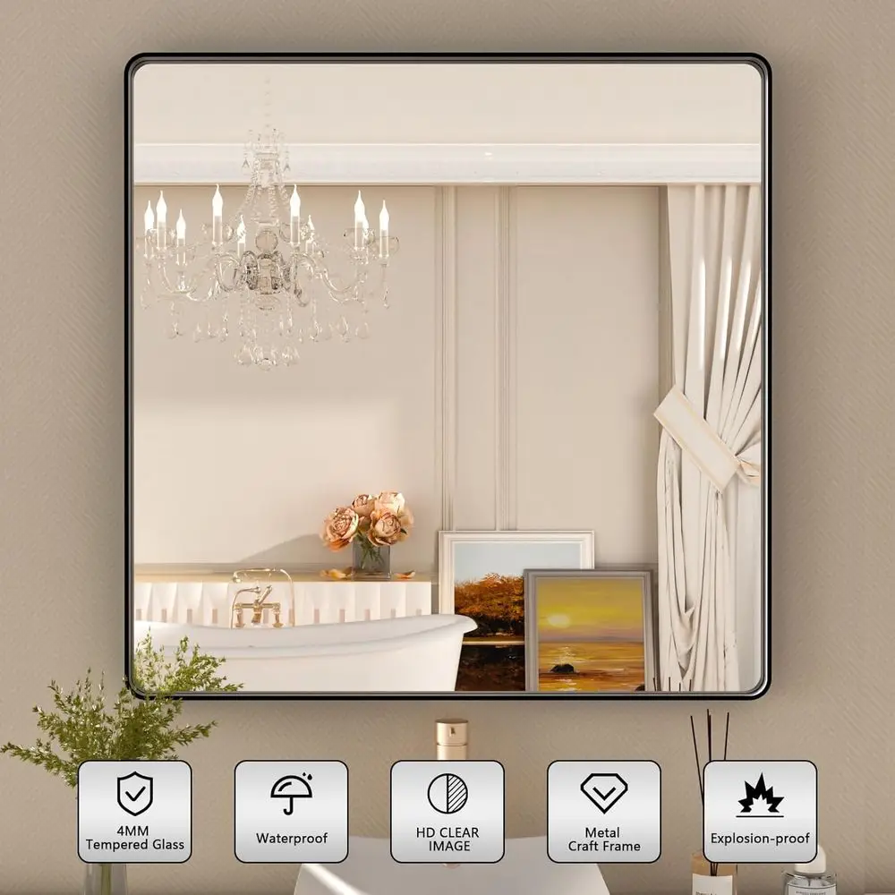 Espejo de baño con marco negro mate de 38 pulgadas, vidrio templado con esquinas redondeadas, espejo de tocador de montaje en pared estilo granja