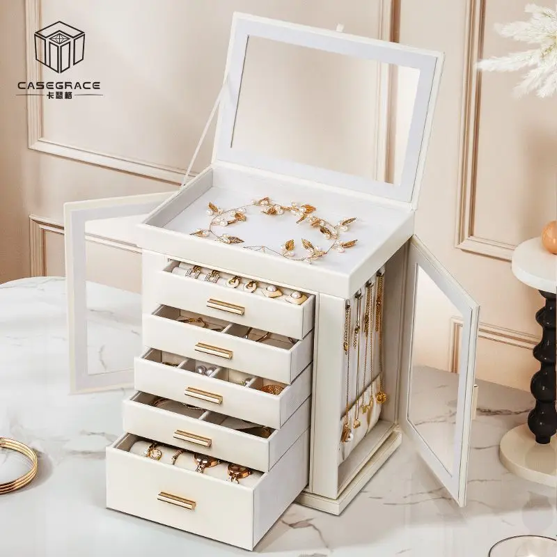 Rotating jewelry display case - large capacity, multi-layer, exquisite necklace, earring, and ring organizer
