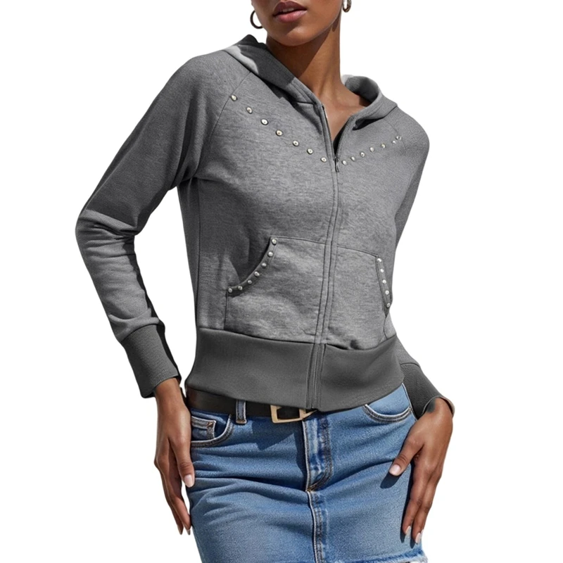 여성 후드 긴 소매 리벳 지퍼가 달린 스웨트 셔츠 캐주얼 자켓 데일리웨어 야외 활동 streetwear