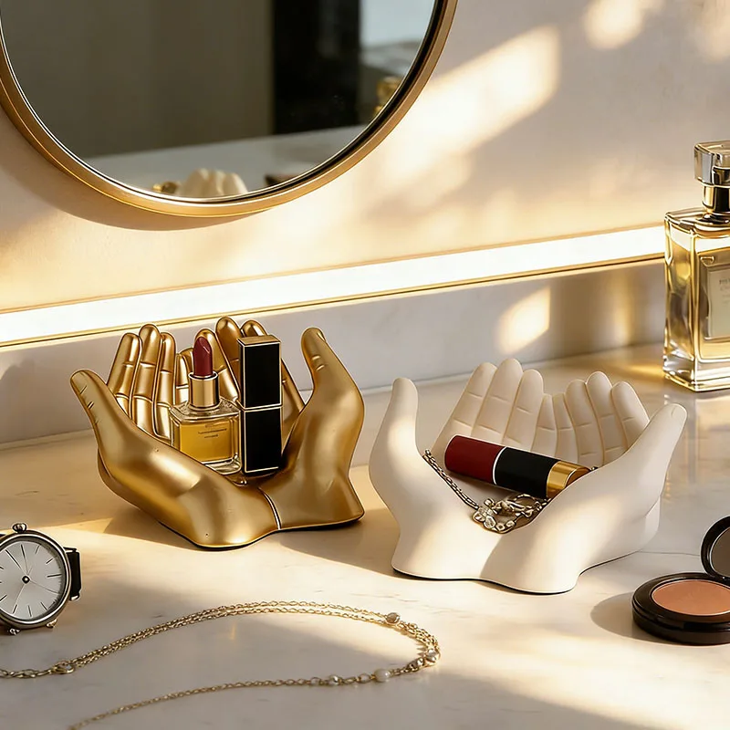 

Gold Resin Hand Shaped Jewelry Tray Decorative Storage Holder for Rings Necklaces Keys Cosmetics Vanity Desktop Organizer