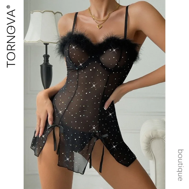 

Tornova Lingeries Sexy Hot Women's Ethical Underwear Hot Diamond Feather Splicing Perspective Elastic Mesh Split Sling Dress Set