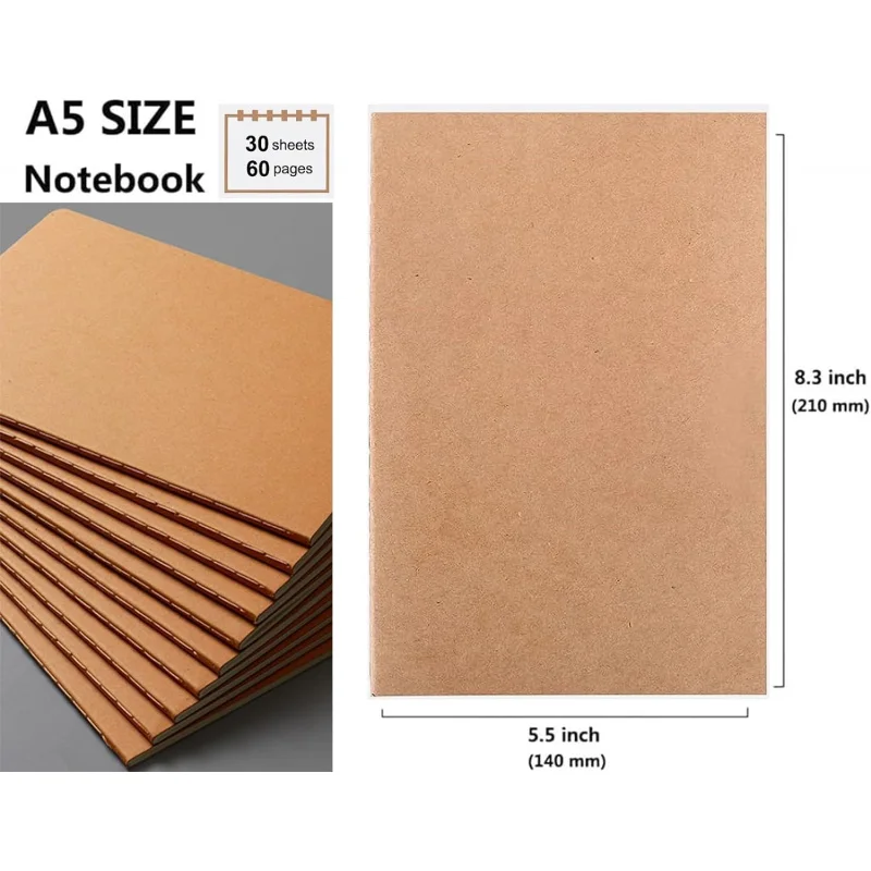 2pack Blank page A5 Blank Notebook Bulk Kraft Cover Travel Journals Composition Diary Subject Notebooks Planner 60 Pages, 8.3”x