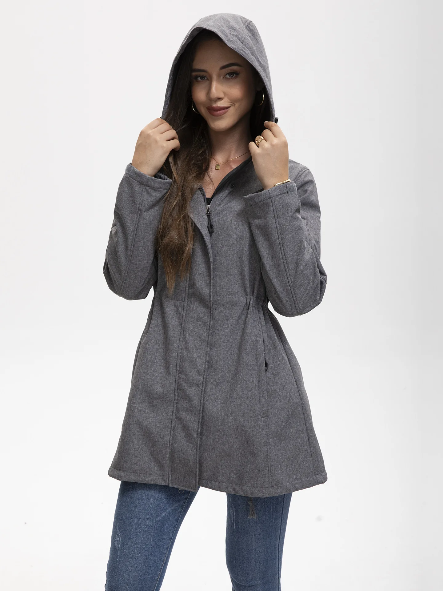 Women's Hooded Multi-Pocket Windbreaker Fleece Jacket European-Style Fashionable Autumn Winter Wear