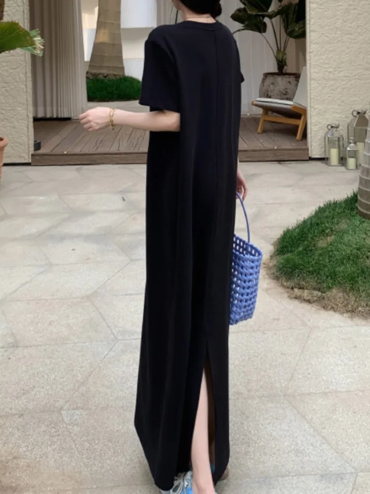 Zomer Oversize Zwarte T-shirt Jurk Vrouwen Koreaanse Losse Split Biglarge Korte Mouw Dames Jurken Lange Vrouw Jurk Vestidos