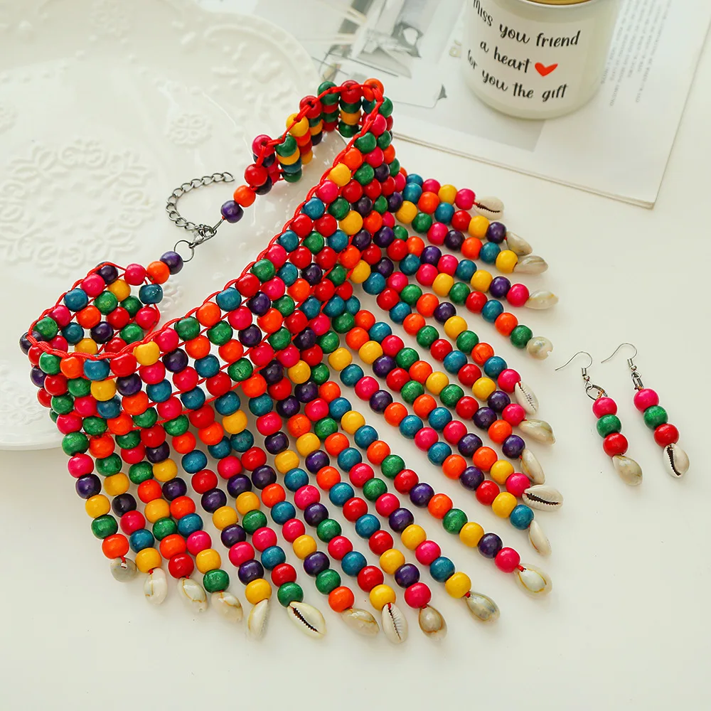 African Fashion Jewelry Costume Earrings Set Statement Chunky Necklaces for Women Multi Strand Colorful Bead Layered Necklace