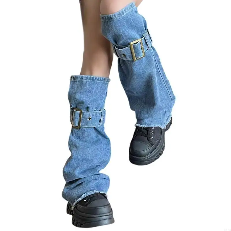 Women Punk Buckled Straps Blue Leg Covers Washed Jeans Leg Warmer Flared Socks 6XDA