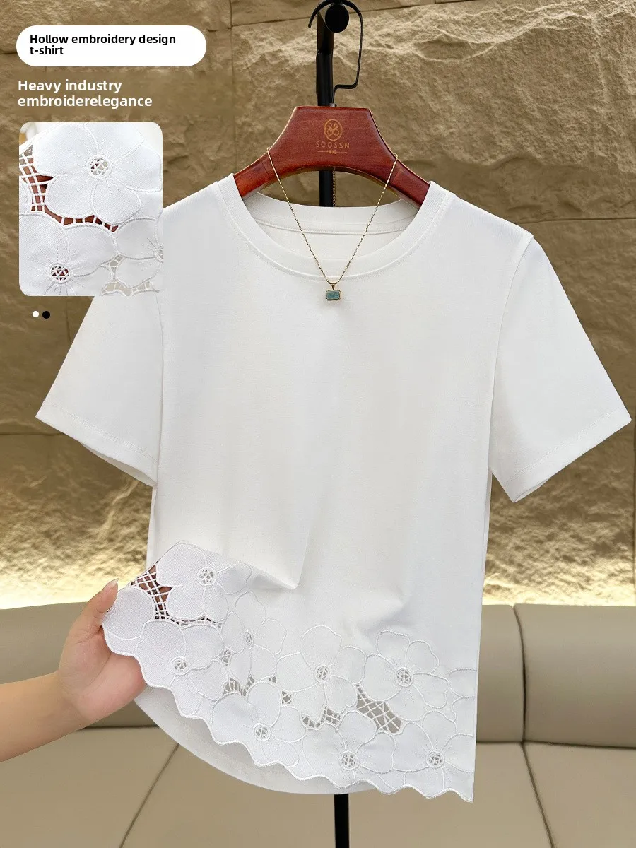 Women's French Chic White Cut-out 3D Embroidered Lace Short Sleeve T-Shirt 2025 Summer Slim Fit Casual Versatile Top M-3xl