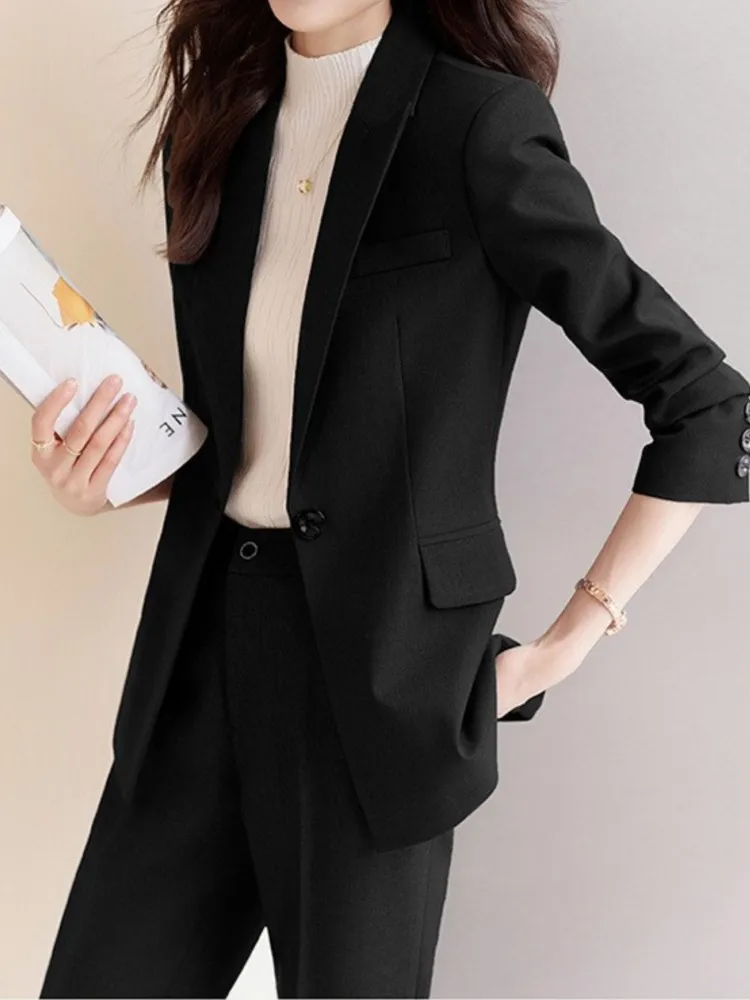 Women Vintage Formal Business Solid Trousers Suit Casual Elegant Slim Blazer Jackets and Pants Two Pieces Set Female Pantsuits