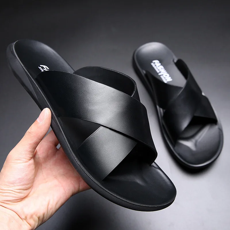 Heren Echt Lederen Luxe Merk Modeslippers 2024 Nieuwe Heren Platte Schoenen Casual Antislip Strandsandalen Zapatos Hombre