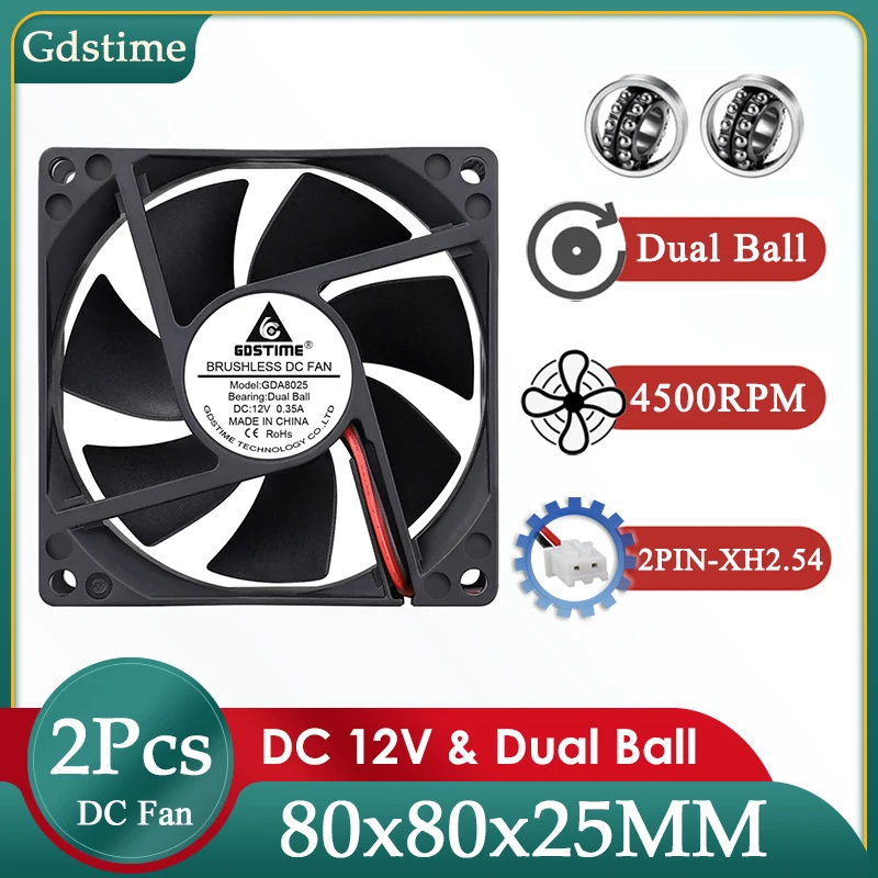 

Gdstime 2Pcs 80MM Fan DC 12V 4500RPM High Speed Cooler 80MM*25MM PC Case Cooling Fan 8CM Dual Ball Bearing Graphics Card Fan