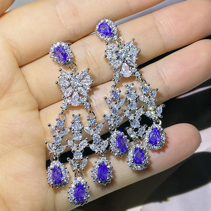 

Exaggerated Openwork Flowers Butterfly Tassels Oval Sapphires Full Of Diamond Stud Earrings For Womens Wedding Gift Jewelry