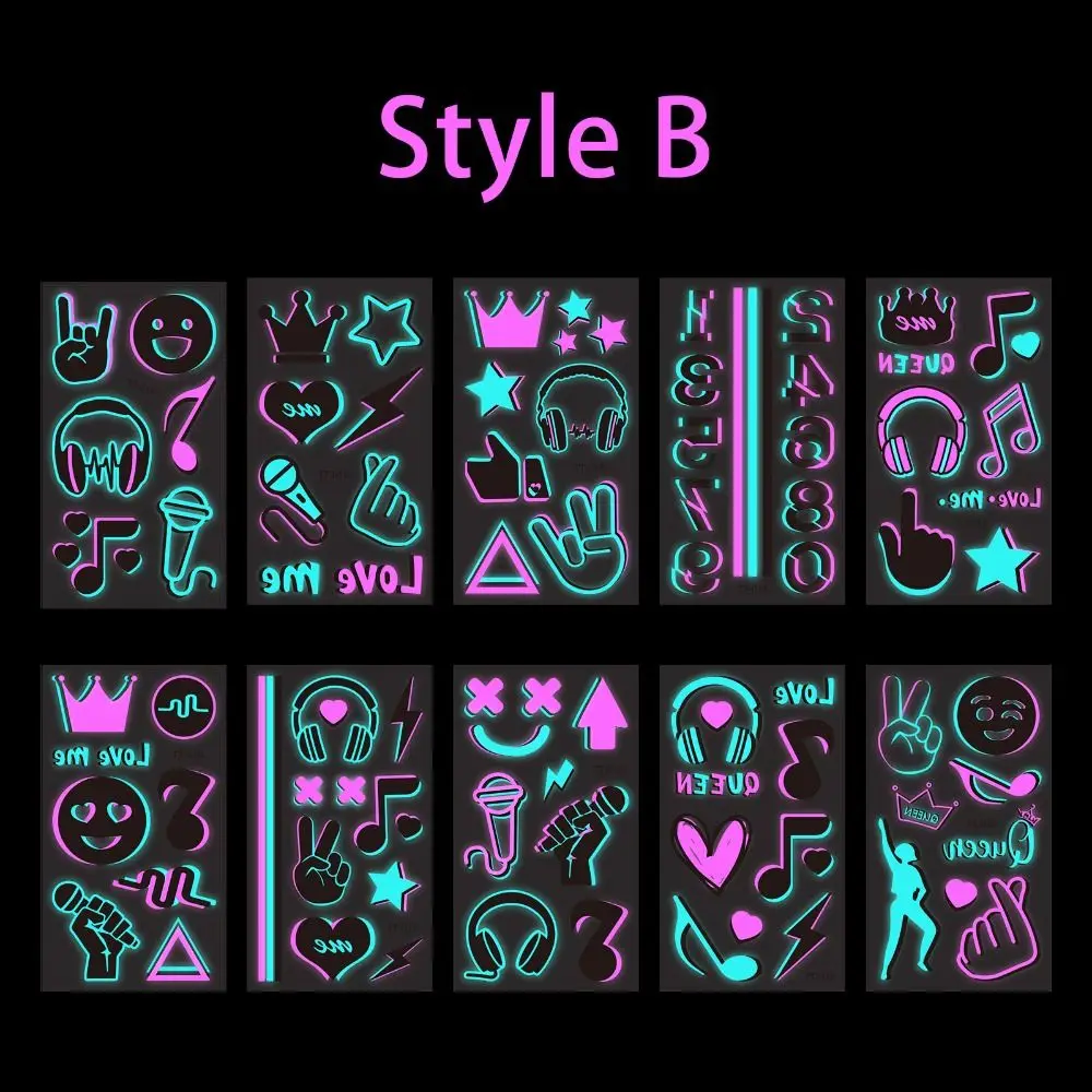 20Sheets Skin-Friendly Luminous Tattoo Stickers Cartoon Waterproof Music Festival Stickers Disposable Night Light