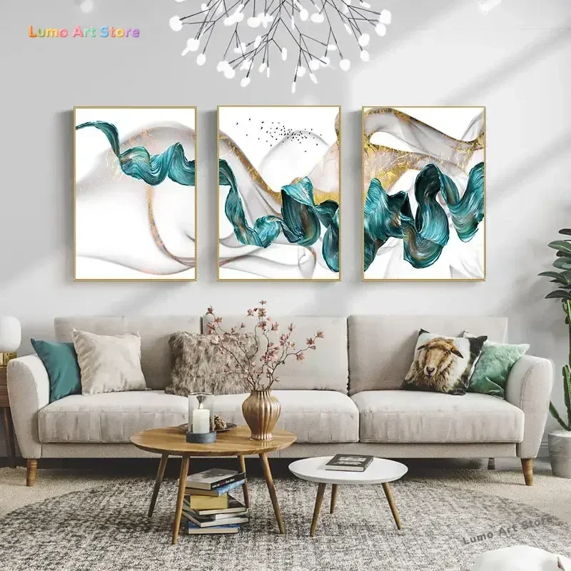 3PCS Frameless Abstract Blue Green Ribbon Canvas Painting Fashion Luxury Wall Art Poster Print Picture Home Living Room Decor