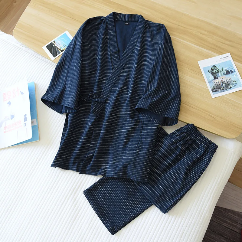 Kimono japonés de dos piezas para hombre, albornoz de algodón 100%, Pijama largo de dos piezas, conjunto de servicio a domicilio, conjuntos de Bata