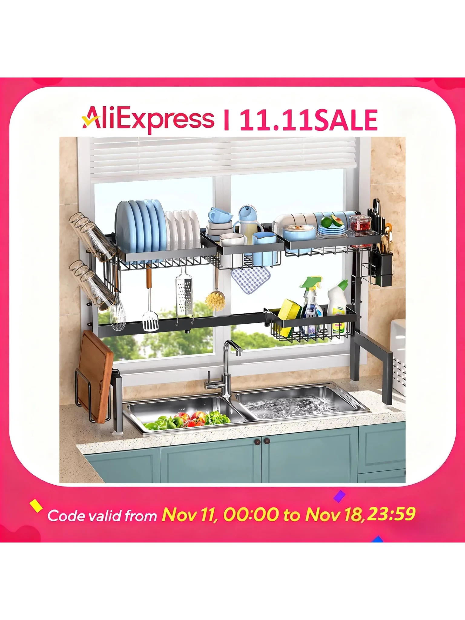 Over The Sink Dish Drying Rack,Expandable 2-Tier Stainless Steel Over The Sink Dish Rack with Utensil Holder Dish Drainers