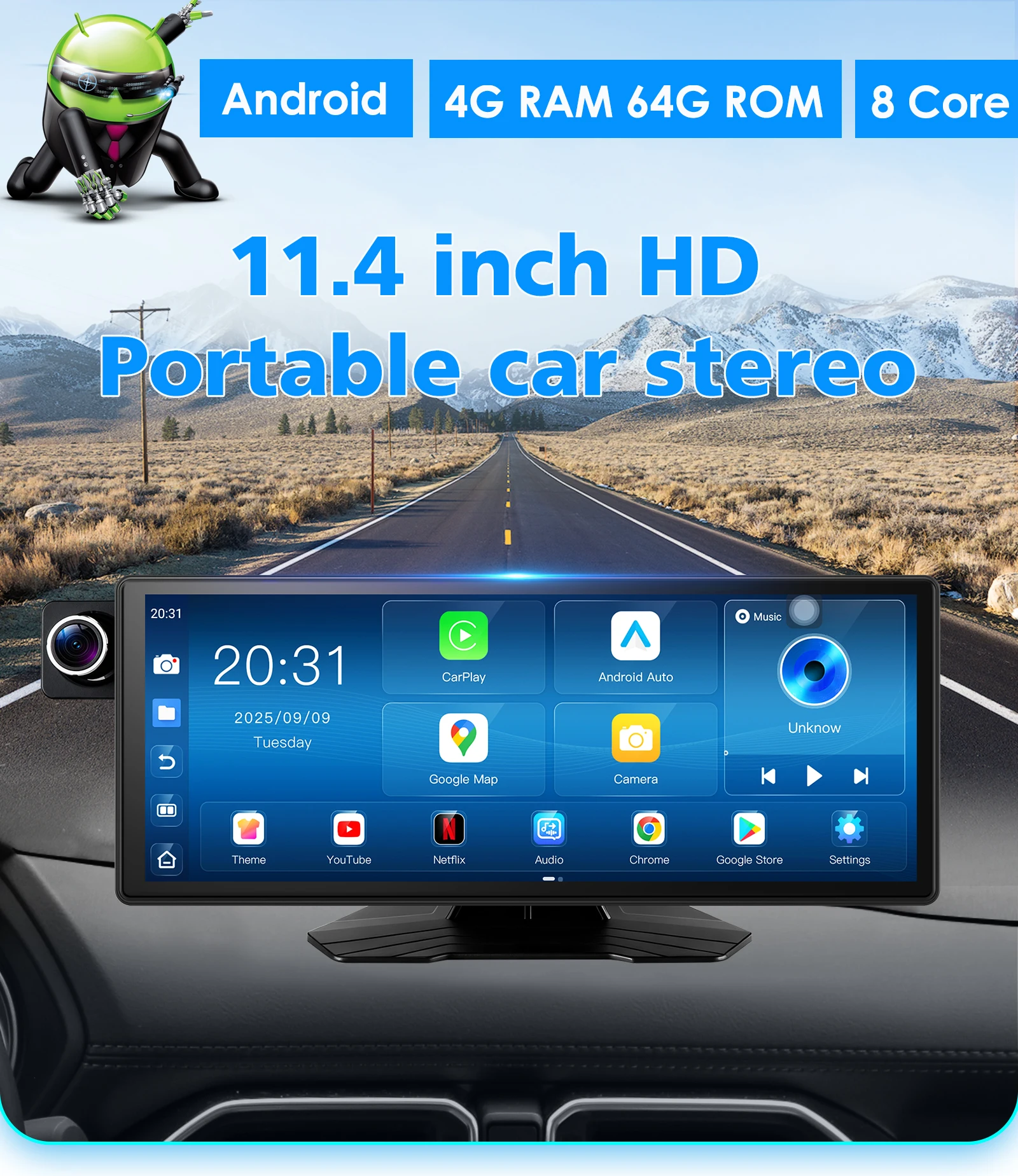 11,4" HD Tragbares Autoradio Universal Android 14 Auto Multimedia GPS Player Navi Wireless Apple Carplay Android Auto FM BT AUX