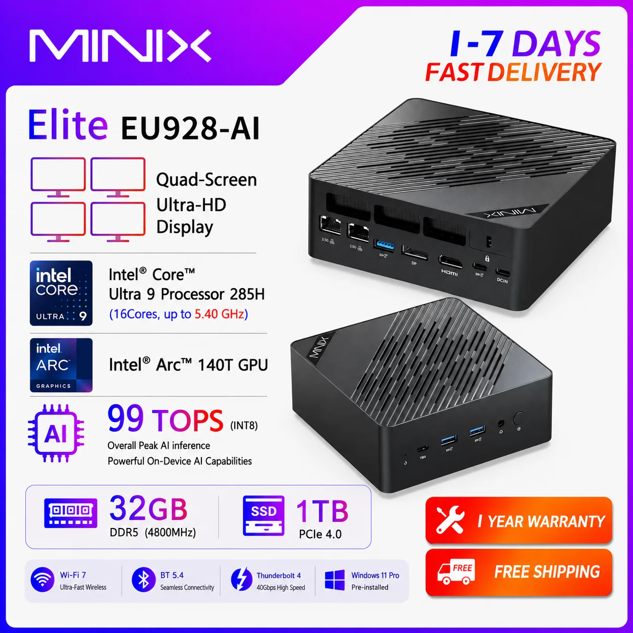 MINIX Elite EU928-AI Mini-PC Intel Core Ultra 9 285H 16 Kerne, bis zu 5,40 GHz Intel Arc 140T GPU 32GB DDR5 (4800MHz) 1TB SSD (PCIE 4.0) 99 TOPS (INT8) Gesamtleistung für KI-Inferenz Leistungsstarke