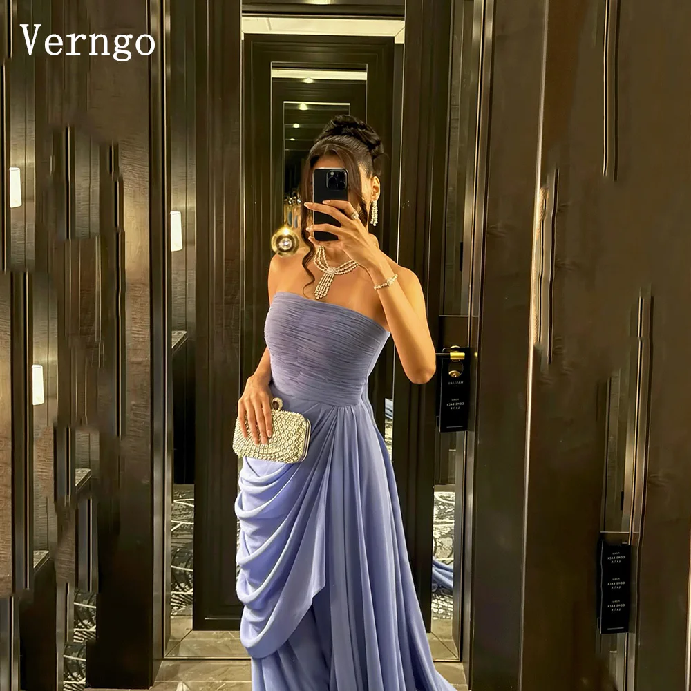 

Verngo Blue Chiffon Evening Dress Strapless A Line Formal Occasion Dresses Women Elegant Modest Pleat Prom Gowns Customized