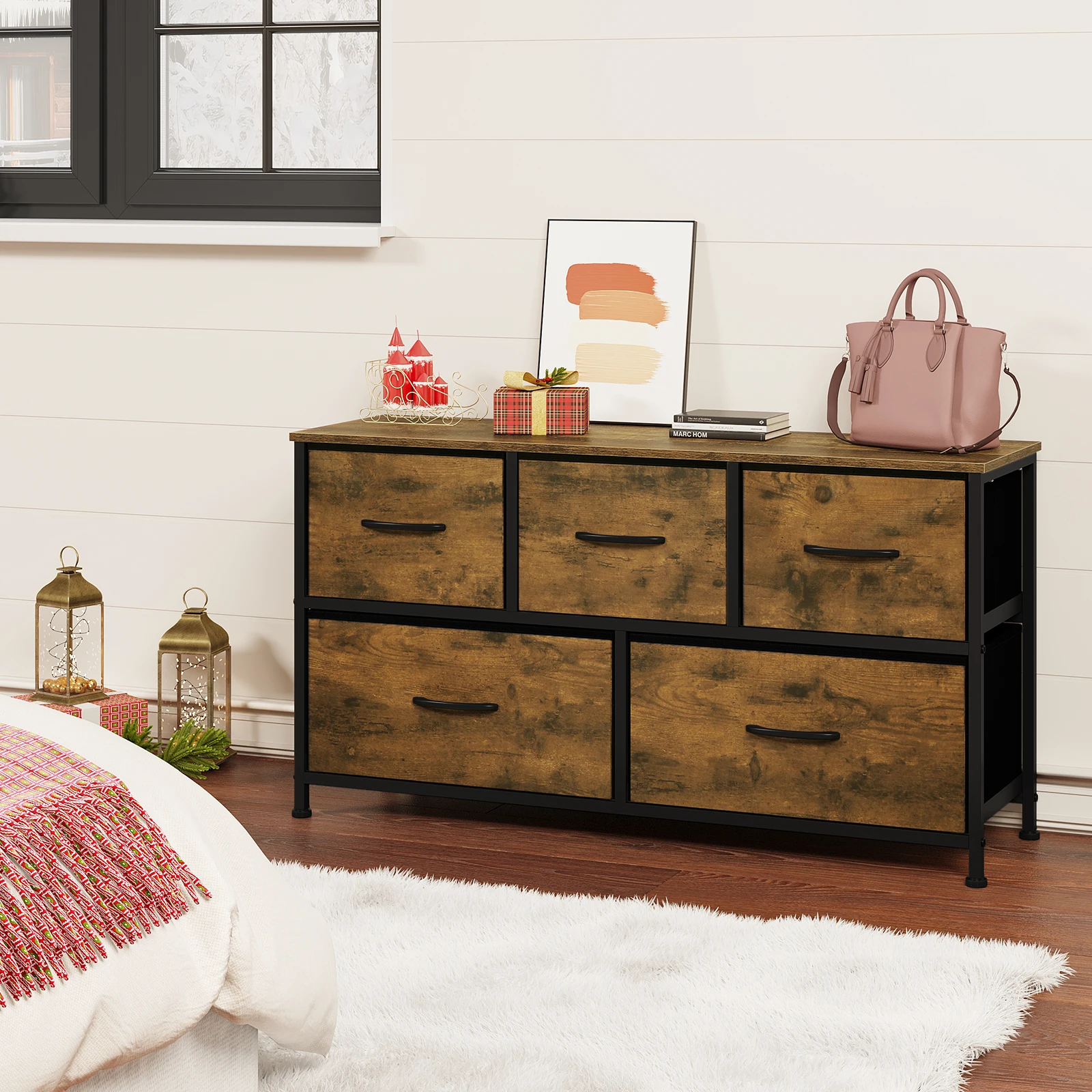 WOLTU TV-Schrank, Sideboard, 5 Schubladen, Stoffkommode, Aufbewahrungseinheit, 2-stufiger Kleiderschrank für Wohnzimmer, Schlafzimmer, Flur