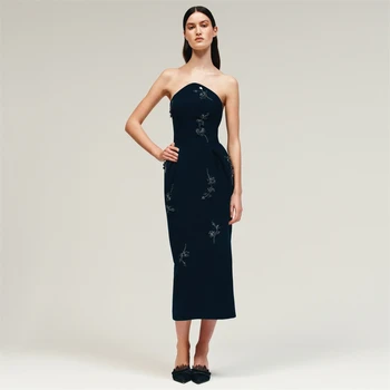 맞춤형 이브닝 가운 무도회 원피스, 스트랩리스 칼럼 티 길이 스커트, 버티컬 맞춤 드레스, 사우디 아라비아 F