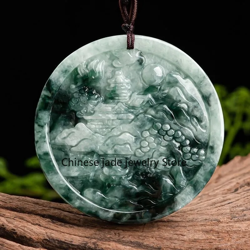 Natural A-Grade Jade Dark Green Floating Flower Landscape Brand Pendant