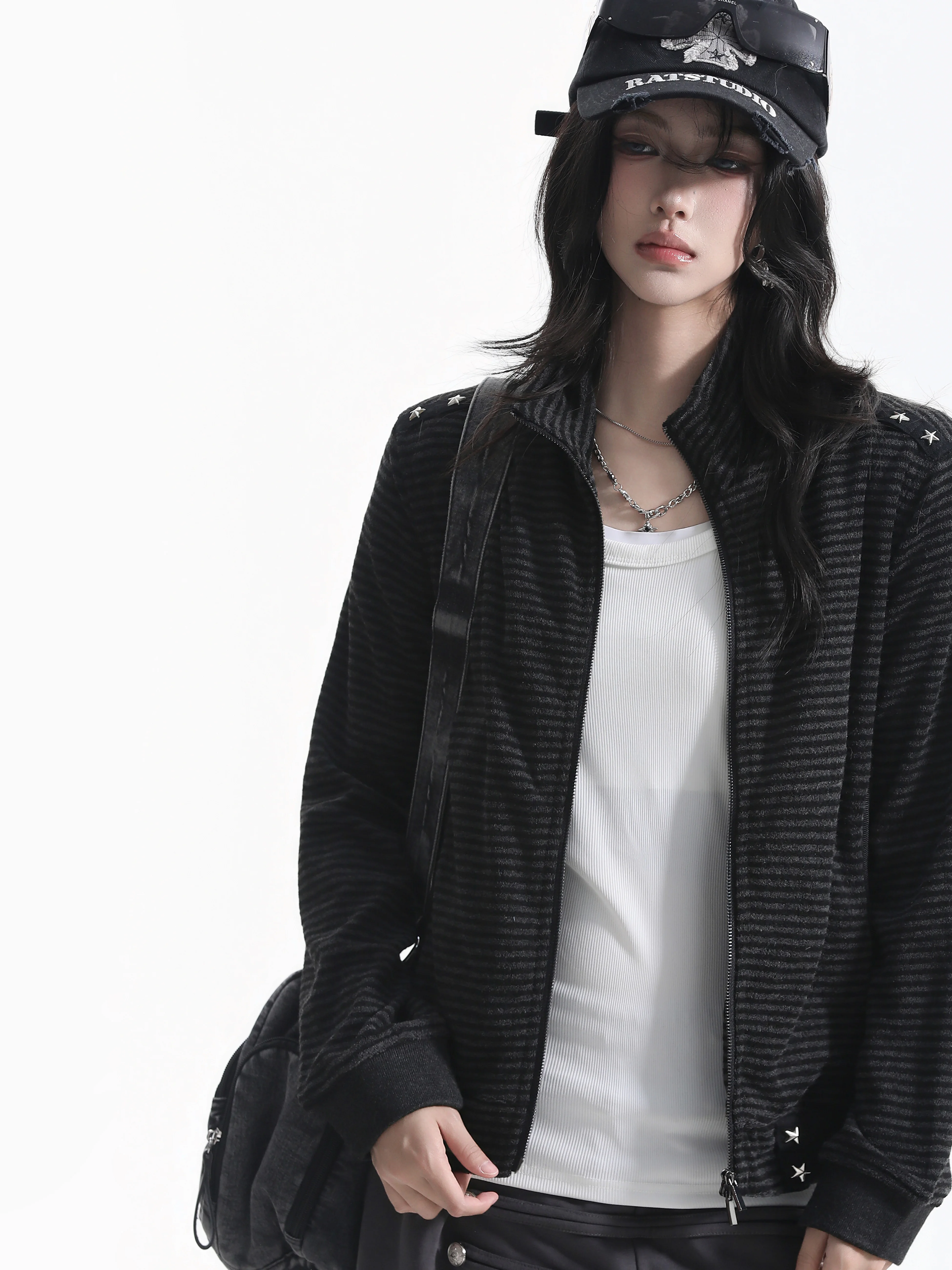Punk Style Short Jacket Women's Slim Fit Ribbed Collar Double Zipper Striped Open Cardigan American Style Polyester Fabric