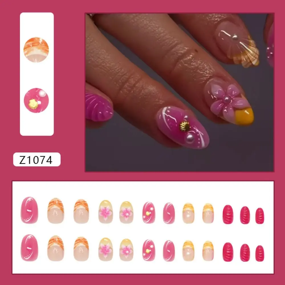 24pcs Manicure Long Almond False Nails French Aurora Wave Press on Nails Bow Pearl Flower Starburst Fake Nials Women