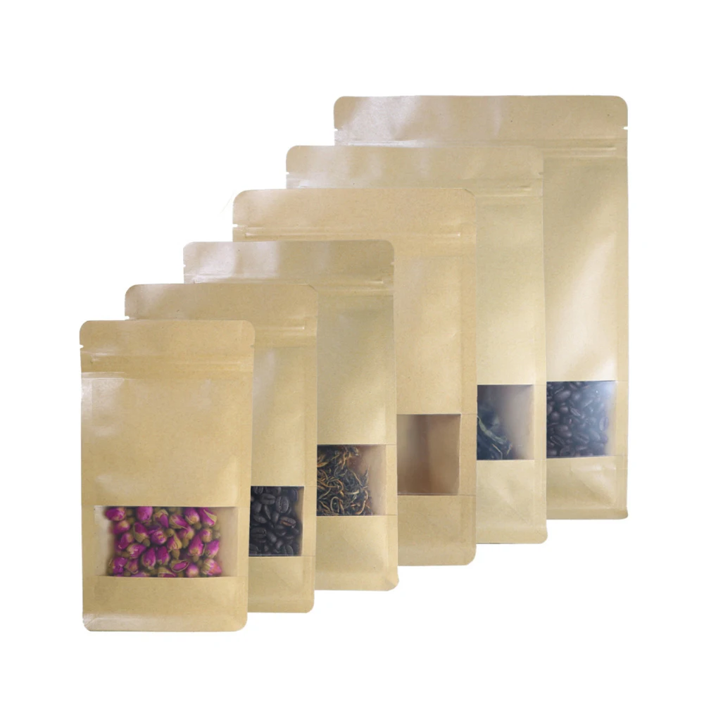 

100Pcs Ecofriendly Stand Up Doypack Resealable Tea Flower Coffee Beans Ziplock Packaging Brown Kraft Paper Bag with Window